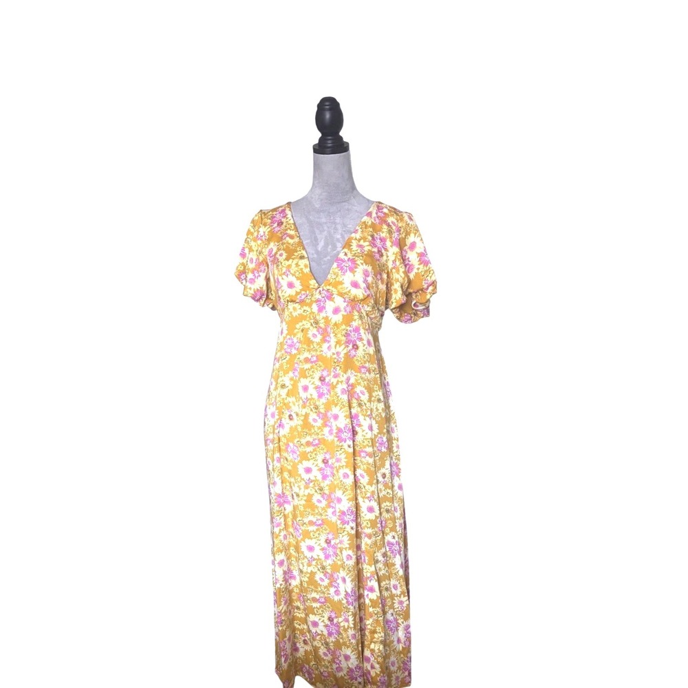 Rewind Womens XL Yellow Floral V-Neck Open Back Crisscross Maxi Boho 46" L